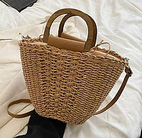 Маленькая летняя плетеная сумка кросбоди с деревянными ручками и длинным ремешком ANGELA кофе с молоком