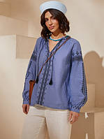 Вышиванка женская, вышитая блуза синего цвета с вышивкой крестиком, горловина V-образная размеры S, M, L