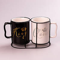 Набор керамических чашек Queen & King 400мл с подставкой 2 штуки чашки для кофе `GR`