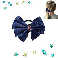 Бант синій дитячий гумка для волосся Hand Made з кристаликами