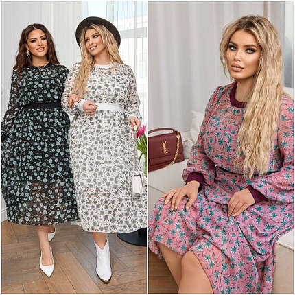 Літнє стильне плаття шифонове довгий рукав великі розміри, фото 1