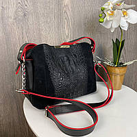 Женская замшевая сумочка на плечо под рептилию с красными вставками, сумка замша Seli Жіноча замшева сумочка