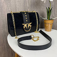 Замшевая женская мини сумочка клатч на черное плечо с золотым сумка для девочек с птичками на цепочке. Seli
