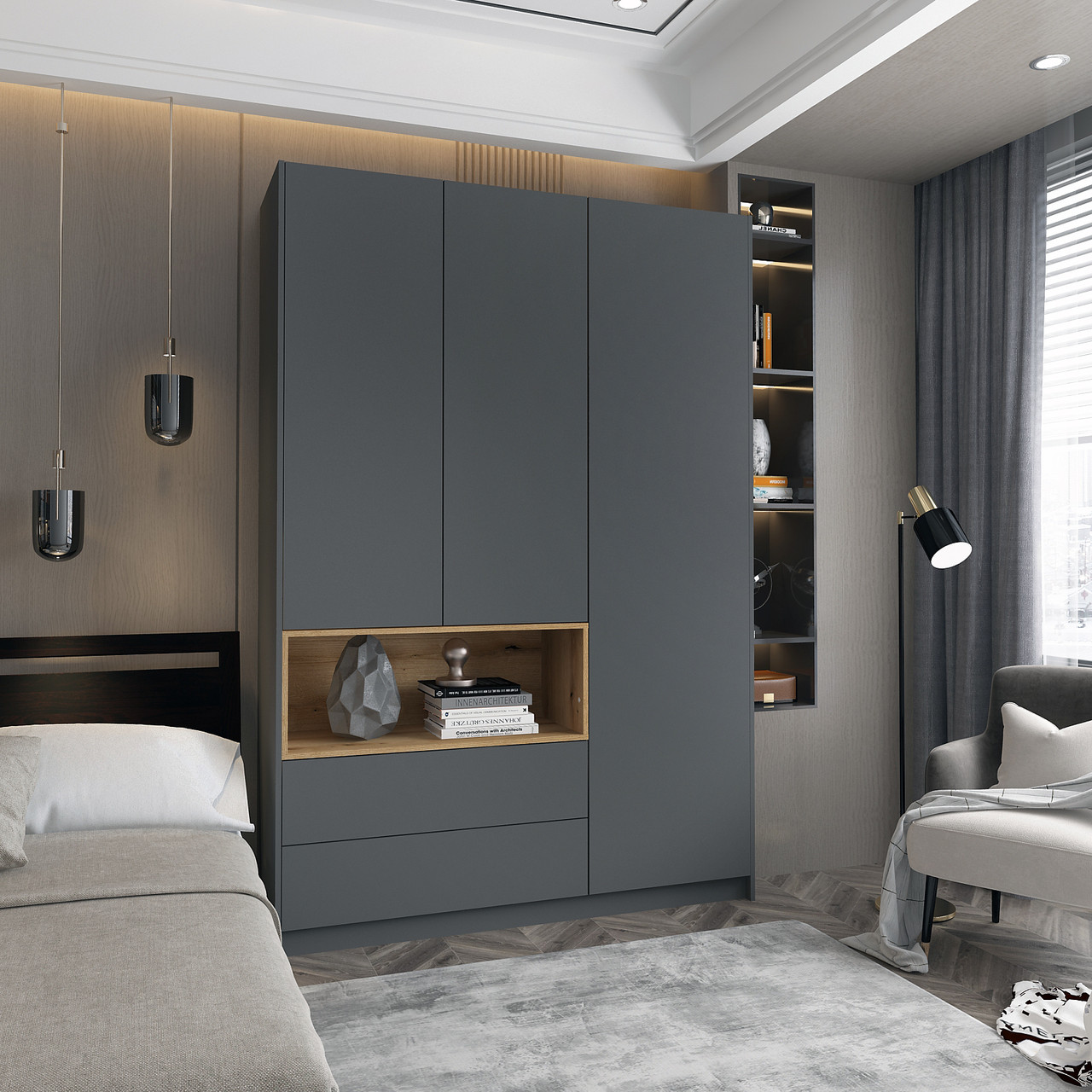 Шафа для одягу з нішею Doros ДЕЙЛ Графіт/Дуб евок 3 ДСП 150х52х220 (44900258)