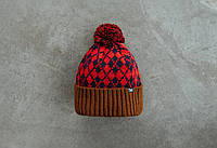 Красная мужская Шапка зимняя Staff red & brown pattern pompon Seli Червона чоловіча Шапка зимова Staff red &