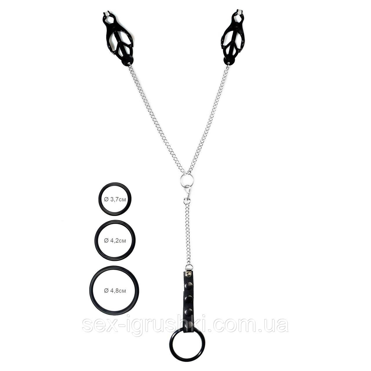 Затискач для сосків Art of Sex - Nipple Clamps for Men Black clover з ерекційними кільцями SO9838