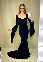 Платье мамы Венздей Мартиши Аддамс со шлейфом, длинными рукавами, обтягивающее, готичное. 42 Черный