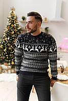 Мужской Новогодний свитер с оленями мужская кофта зимняя с оленями свитер черный с белым Seli Чоловічий