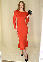 Вечернее женское платье-рыбка миди, ниже колена с длинными рукавами,обтягивающее,трикотажное. Красный, 42