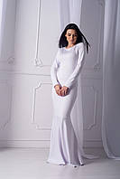 Вечірня і проста весільна жіноча сукня-рибка (русалка) в підлогу, довга з рукавами, трикотажна. Біла