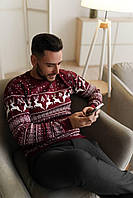 Бордовый мужской свитер с оленями новогодняя мужская кофта зимняя с оленями свитер Seli Бордовий чоловічий