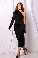 Асимметричное женское платье-футляр миди на одно плечо. Черный 38