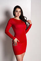 Короткое трикотажное мини платье с длинными рукавами, обтягивающее по фигуре. Красный 38