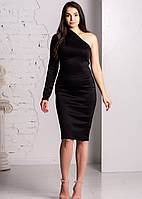 Жіноча асиметрична сукня по коліно на одне плече. Обтягуюча, однотонна, трикотажна. Чорна
