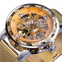 Жіночий наручний годинник механічний Forsining скелетон з відкритим механізмом і камінчиками Жовтий Seli