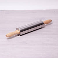 Скалка Kamille Ø5*38см з валиком, що обертається з нержавіючої сталі і дерев'яними ручками 7777 g