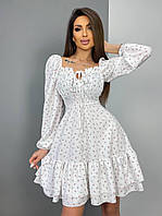 Белое платье в цветочный принт короткое с воланами на юбке и рукавами фонариками (р.42-48) 3py5703
