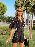 Женское стильное летнее натуральное платье ромпер в горох Арт. 1006А320 Черный в горошек, 42/44