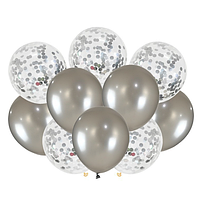 Повітряні кулі срібло металік, набір кульок з конфетті 10 шт