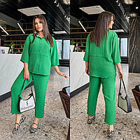 Женский летний прогулочный костюм из жатки батал: 48-50, 52-54, 56-58 - графит, зеленый, джинс, красный, бирюз