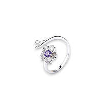 Серебристое безразмерное кольцо для девушки колечко в виде Цветка с фиолетовым фианитом