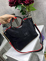 Сумка замшева жіноча невелика на плече стильна чорна з червоним натуральна замша+шкірзам