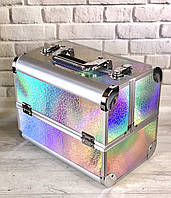 Бьюти-кейс: алюминиевый чемодан с ключом для мастеров (серебро голограмма)