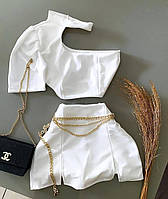 Женский летний костюм ассиметричный топ и юбка-шорты из креп-дайвинга размеры XS-L