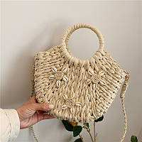 Жіноча літня плетена сумка кросбоді з мушлями та довгим ремінцем BAHAMAS молочна