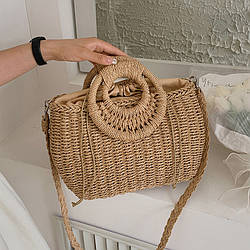 Жіноча літня плетена сумка кросбоді з дуже гарними оригінальними круглими ручками ZANZIBAR кава с молоком