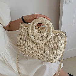 Жіноча літня плетена сумка кросбоді з дуже гарними оригінальними круглими ручками ZANZIBAR молочна