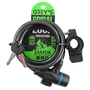 Велосипедний замок Grey's GR51012 спіральний з кріпленням 10*1200мм