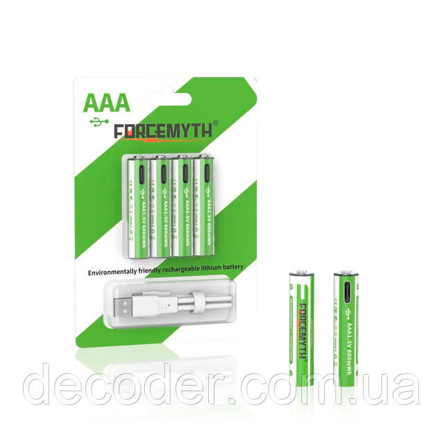 Акумулятори Li-Ion тип AAA 1.5V 600мАч з USB Type-C кабелем для зарядки ForceMyth 4 шт/комплект польчикові батарейки (4 шт AAA 1.5