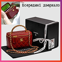 Женская сумка коробка Chanel красного цвета кожаная на цепочке Premium,с зеркалом внутри