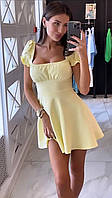 Женское короткое платье мини стильное легкое короткое пышные плечи белое розовое желтое
