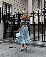 Женское цветочное стильное платье тренд длинное с разрезом легкое плечи регулируются короткий рукав шнуровка
