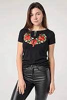Вишиванка жіноча футболка з вишивкою з коротким рукавом чорна маки стильна жіноча українська вишиванка