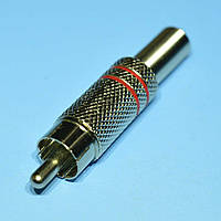 Штекер RCA кабельный, корпус металл, d6,5мм, две красные полосы 1-0105R