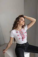 Вышиванка женская футболка с вышивкой с коротким рукавом белая красная стильная женская украинская вышиванка