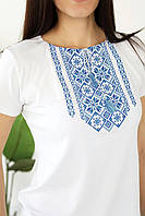 Вышиванка женская футболка с вышивкой с коротким рукавом белая с синим стильная женская украинская вышиванка