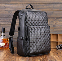 Кожаный городской мужской рюкзак с тиснением в клетку черный ранец из натуральной кожи качественный VIP