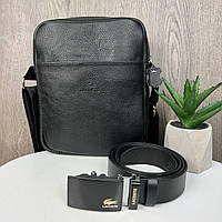 Мужская кожаная сумка барсетка стиль Лакоста + кожаный ремень из натуральной кожи, подарочный набор VIP