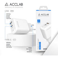 Зарядное устройство ACCLAB AL-TC220 (1xUSB, 1xType-C) (1283126556494) e