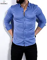 Яркая голубая рубашка с потайными пуговицами приталенного кроя S 24-07-443 MI-33