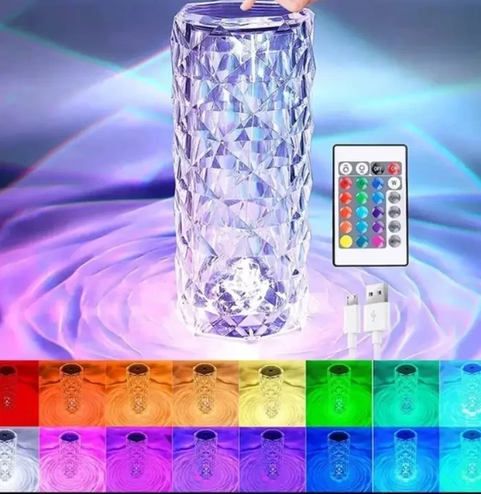 Настільна акумуляторна лампа з пультом 22 см нічник Троянда з пультом RGB Crystal Rose., фото 1