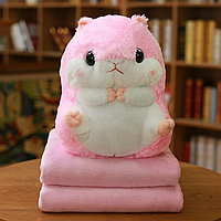 Игрушка подушка Хомяк 38 см, с пледом 110х150 см, Розовый / Мягкая игрушка хомяк / Плюшевая игрушка с пледом