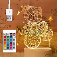Ночник 3D Мишка "Люблю тебя" от USB, с пультом / Лампа-ночник / Акриловый ночник-светильник