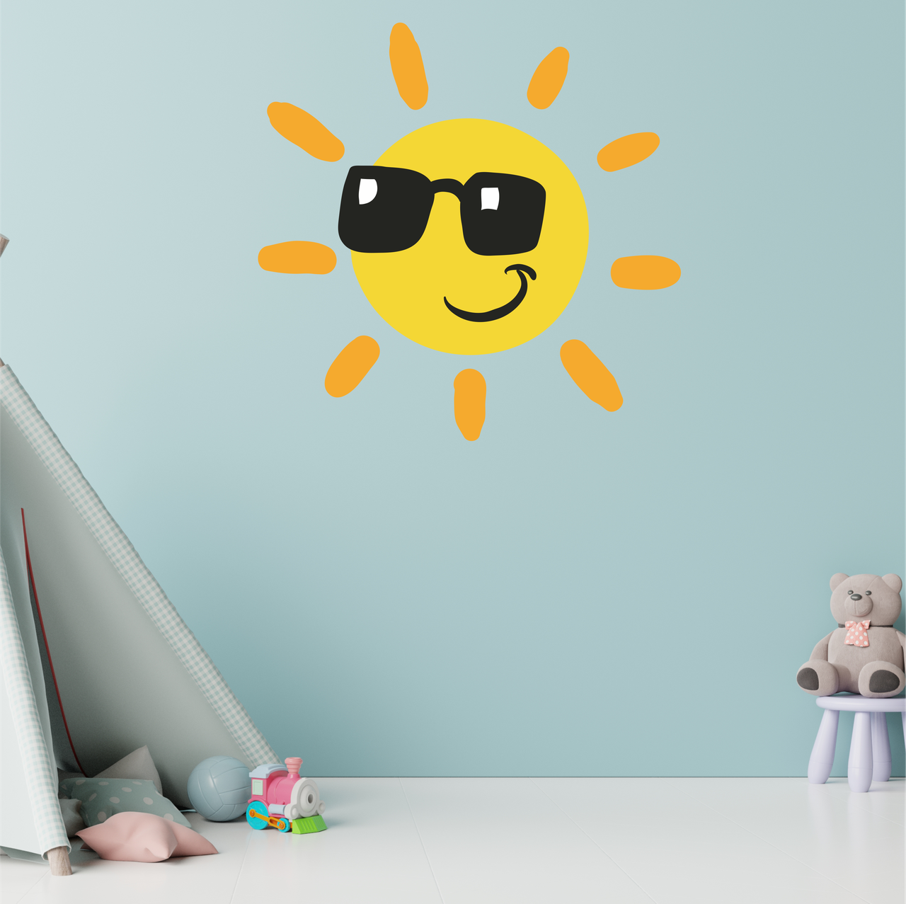 Вінілова інтер'єрна наклейка декор на стіну (шпалери) в дитячу кімнату "Сонце з променями в окулярах" з Оракала