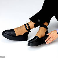 Шикарные черные кожаные открытые туфли на шлейке натуральная кожа