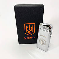 RIO Дуговая электроимпульсная USB зажигалка Герб Украины индикатор заряда, фонарик HL-442. Цвет: серебро